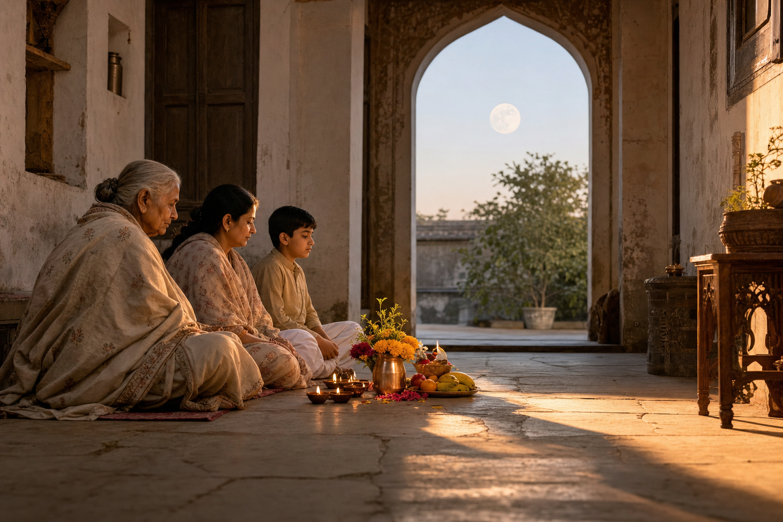 Three generations of a family sit in a home courtyard with flowers, fruit, copper vessels, and clay lamps as the full moon fades at sunrise.
