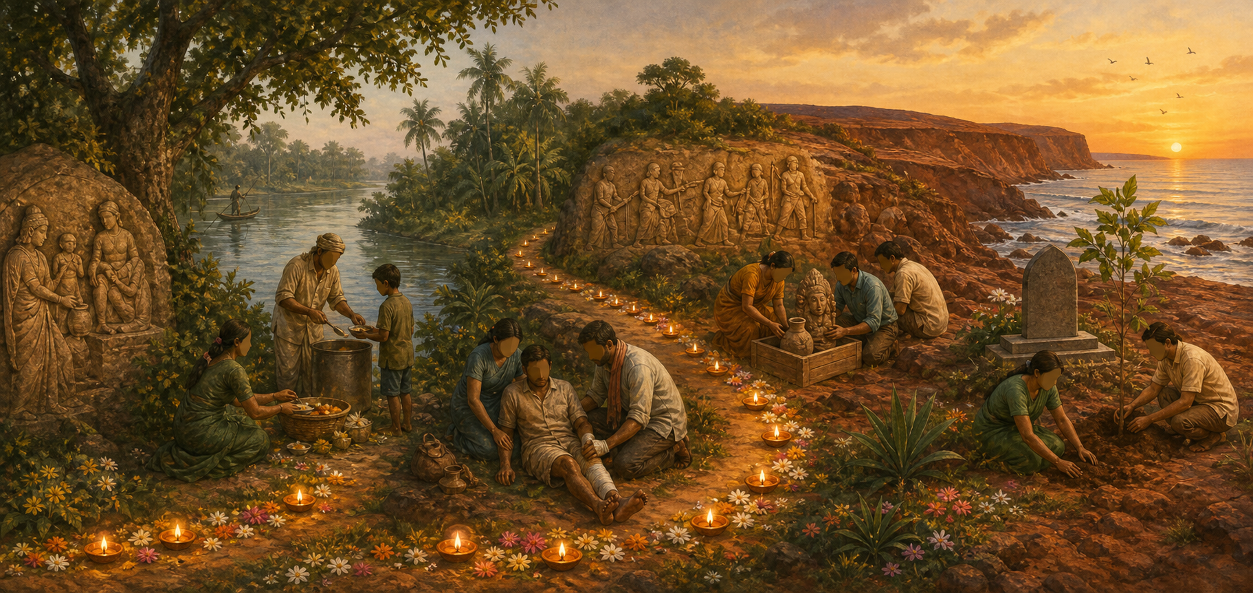 Anonymous memorial figures overlook civilians providing care, sharing food, preserving cultural objects and planting a tree across riverine and coastal Indian settings.
