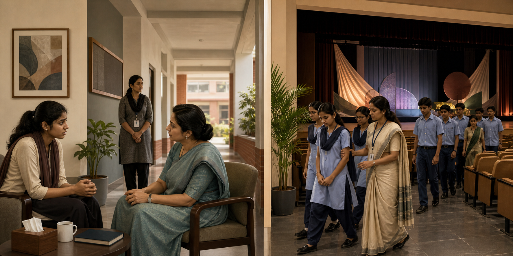 A concerned vocational student speaks with a support officer while, in a parallel school scene, teachers calmly guide students away from an auditorium stage.