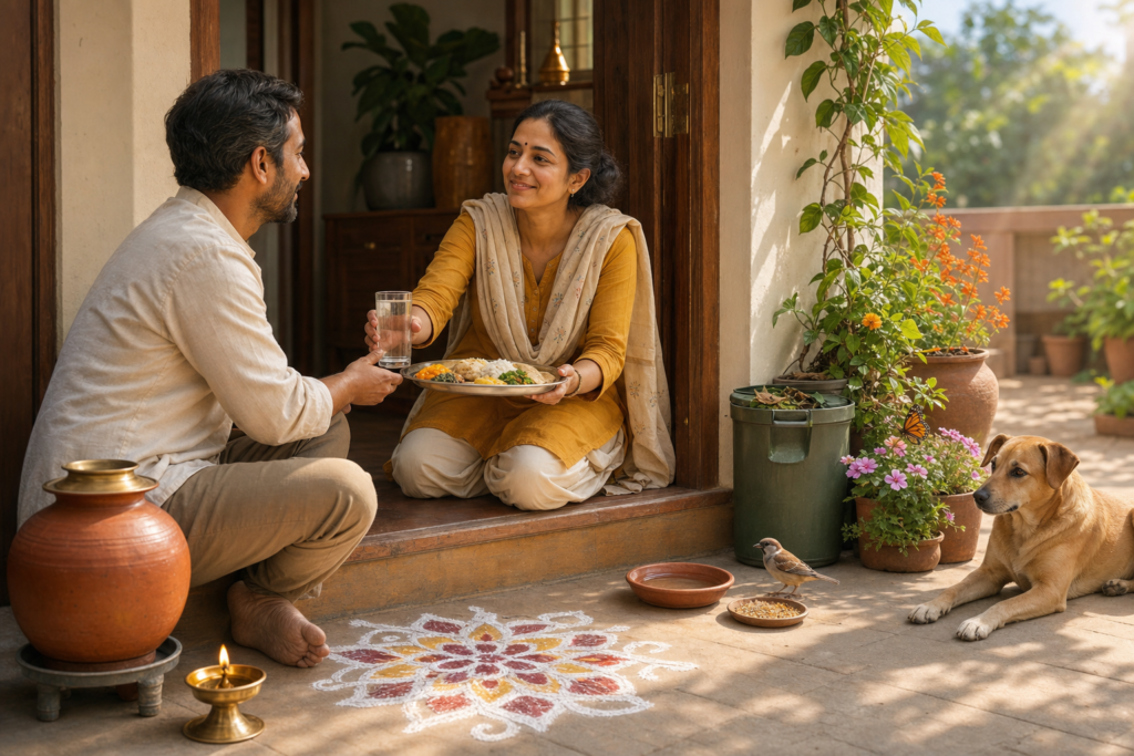 Indian woman offers water and a vegetarian meal to a guest beside plants, a sparrow, and a resting dog.