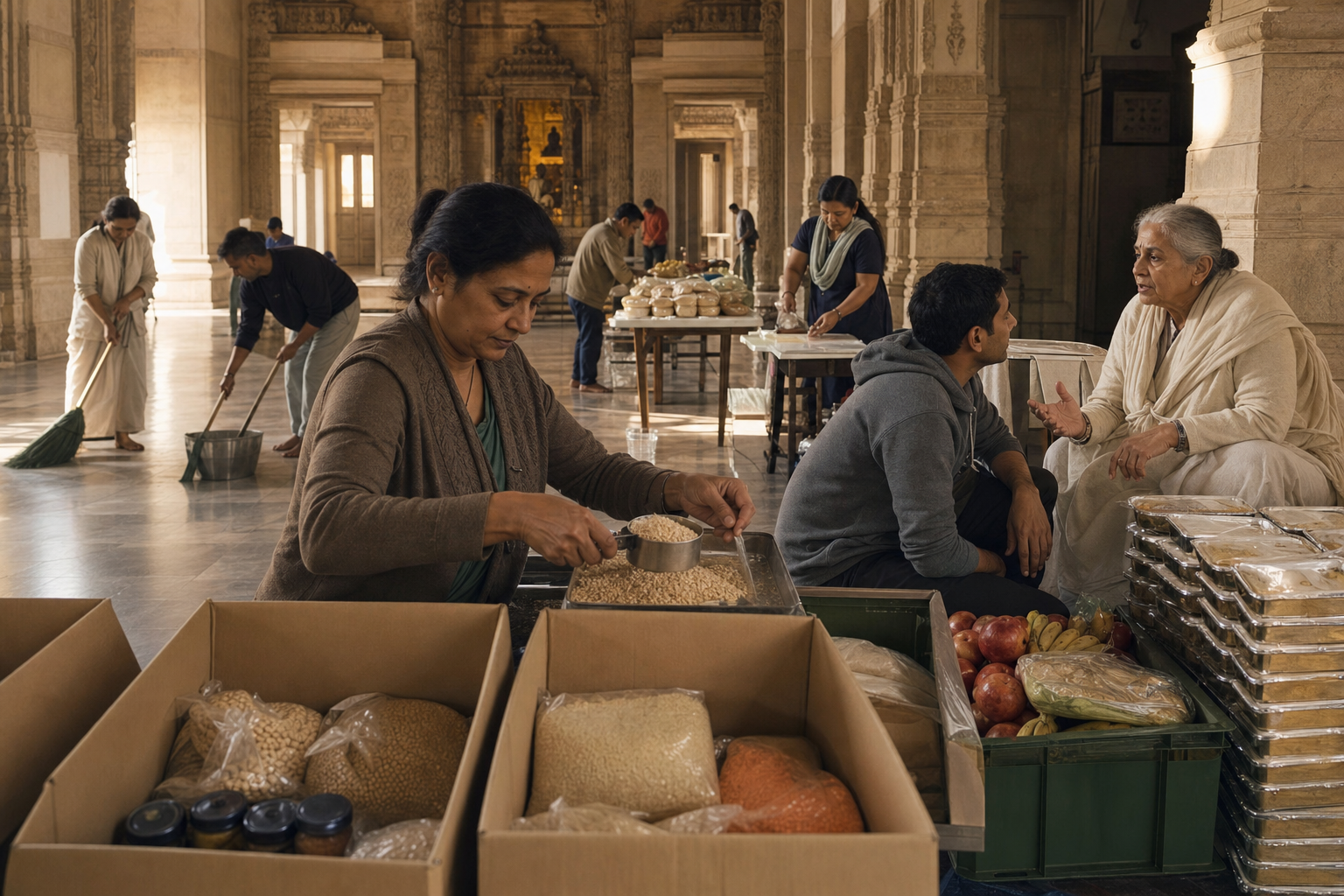 Volunteers measure grain, organize food supplies and clean a temple hall while a younger member listens to an elder.