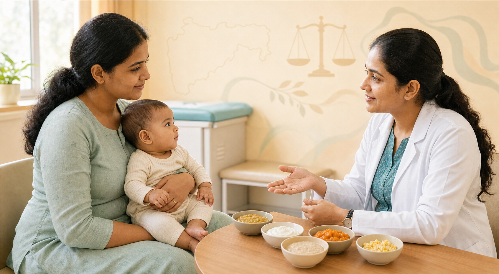 A clinician speaks with a caregiver holding an infant beside several bowls of complementary foods, with a subtle balance scale in the background.