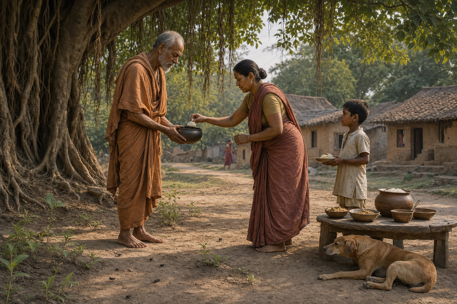 A renunciant respectfully receives a small amount of food near a village while a child and dog remain beside the shared meal and plants grow along the path.