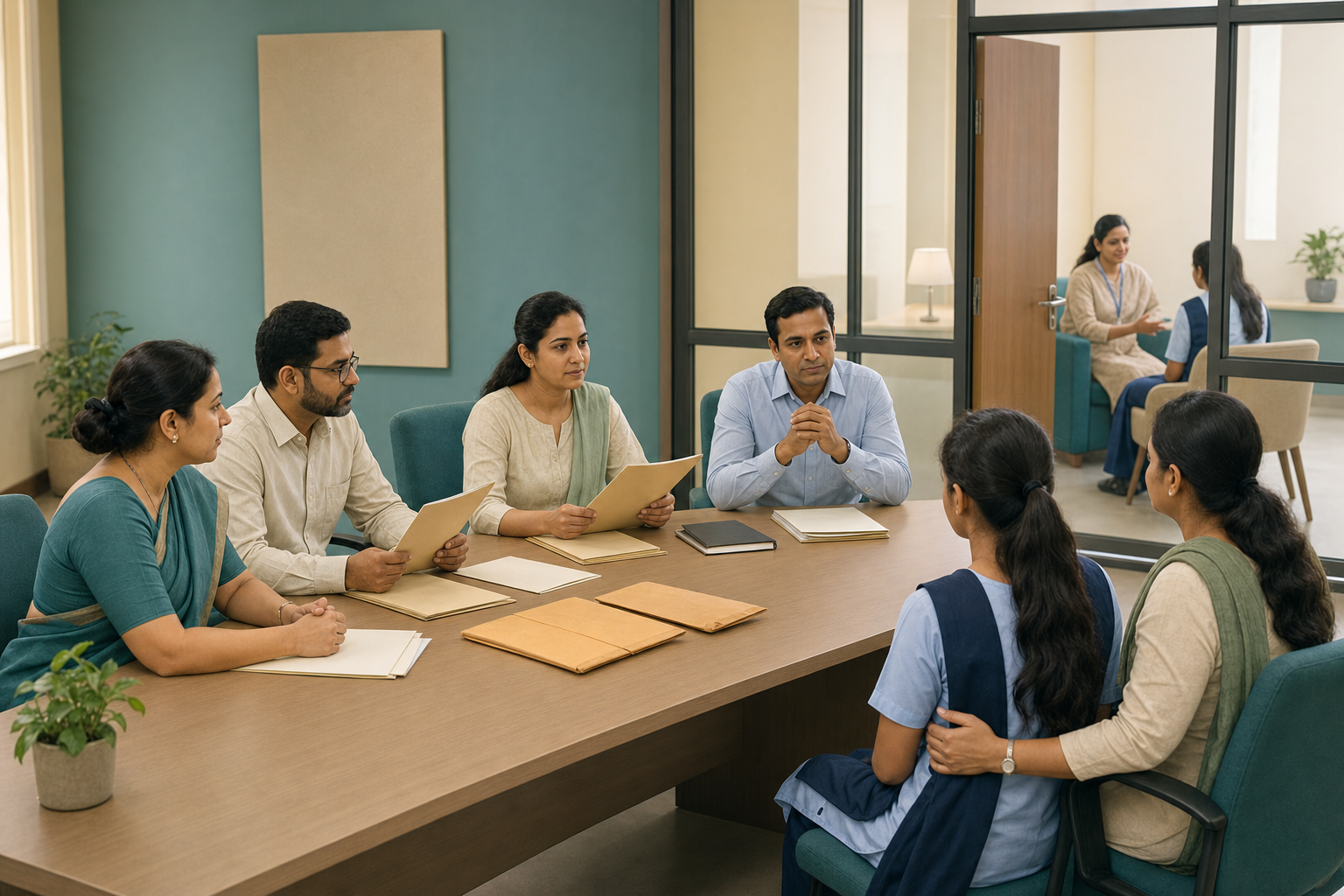 An inquiry panel listens to a student with a support person while a counselor meets another student in a private room nearby.