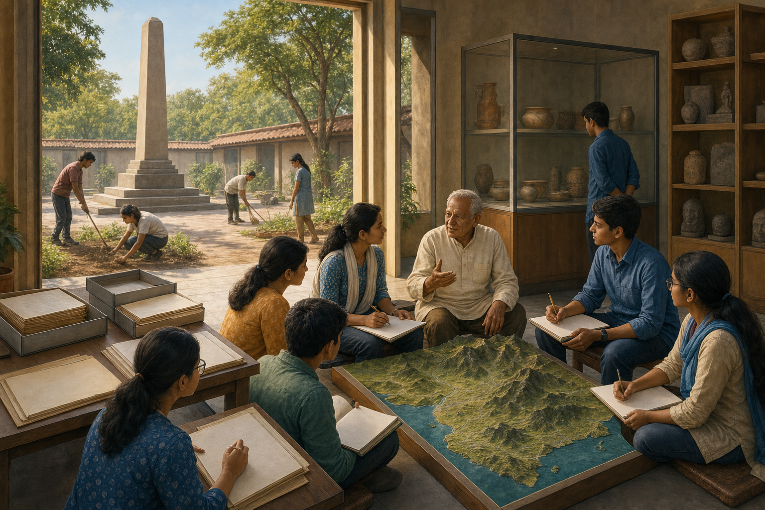 Students, a teacher and an elderly community member examine archival materials and artifacts in a classroom beside an uninscribed courtyard memorial.