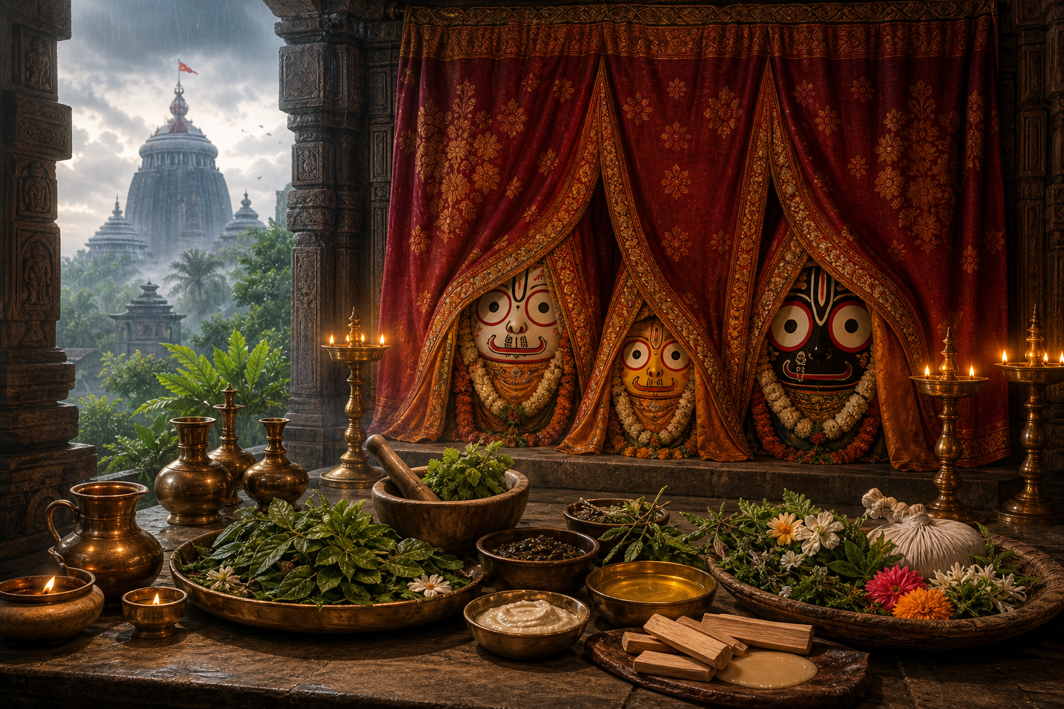 Veiled Jagannath, Balabhadra, and Subhadra shrine with Ayurvedic offerings during Puri Anasara