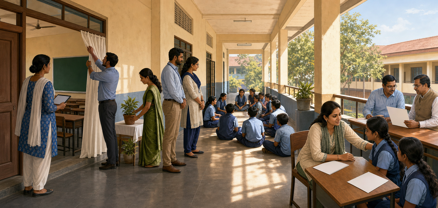 School staff prepare an event space, supervise a student gathering, and provide counseling and administrative follow-up in three connected scenes.