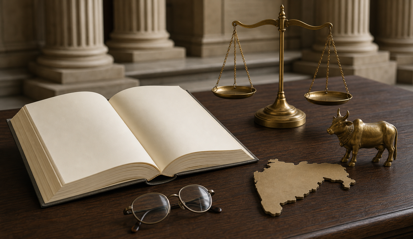 An open blank law book, reading glasses, brass scales, a Maharashtra-shaped cutout, and a small cow figurine rest on a wooden desk.