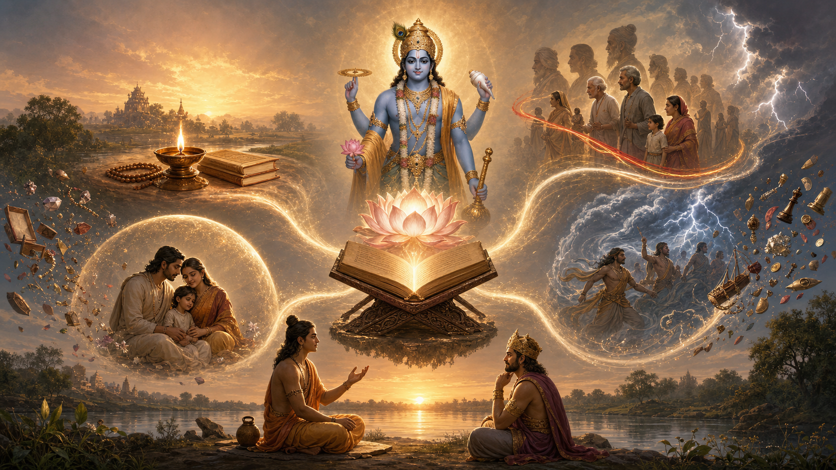 Lord Vishnu presides over a glowing lotus and open scripture as streams of light unite scenes of knowledge, family, ancestry, protection, and divine power.