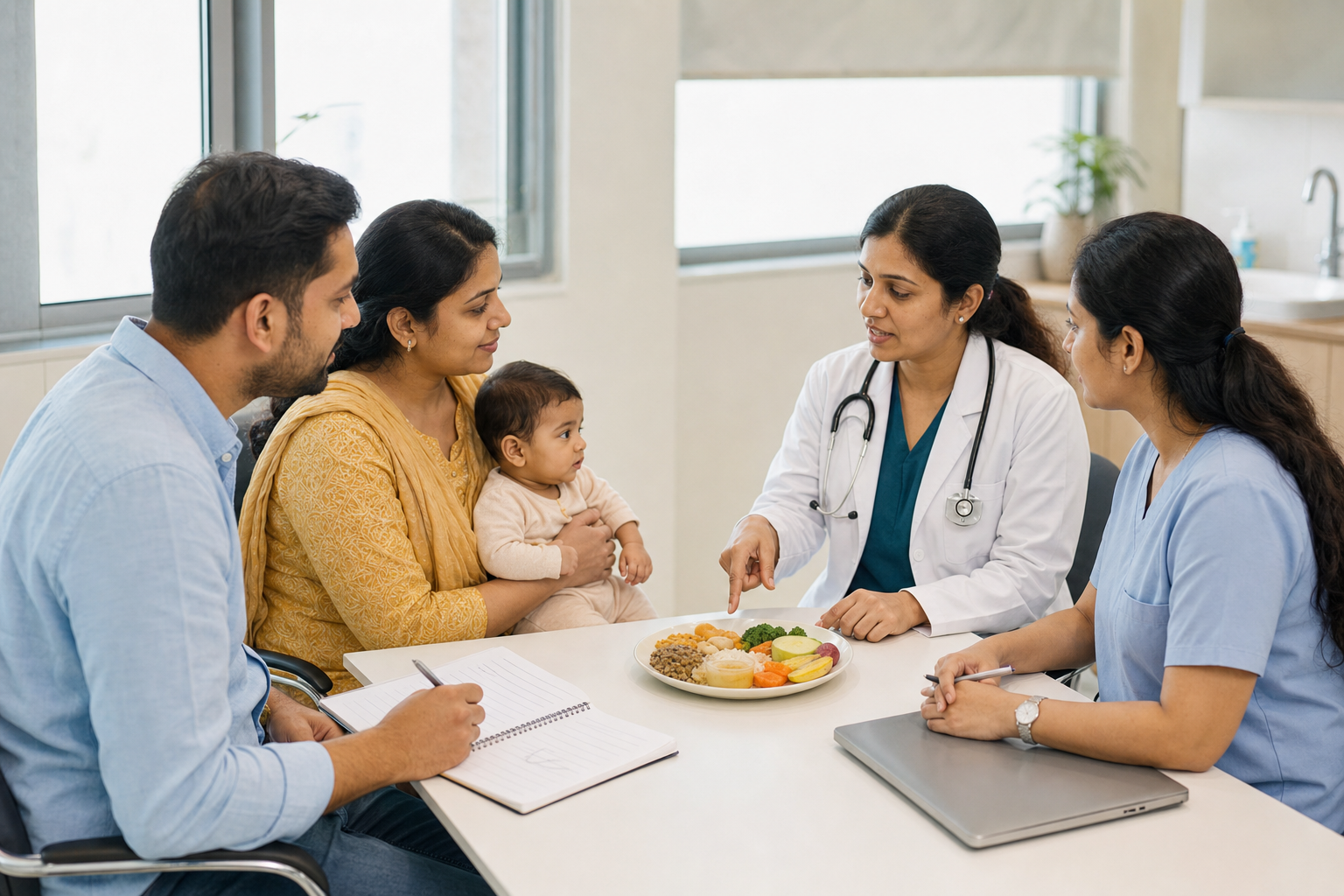 Parents holding an infant speak calmly with a pediatric clinician and dietitian while taking notes beside a plate of complementary foods.