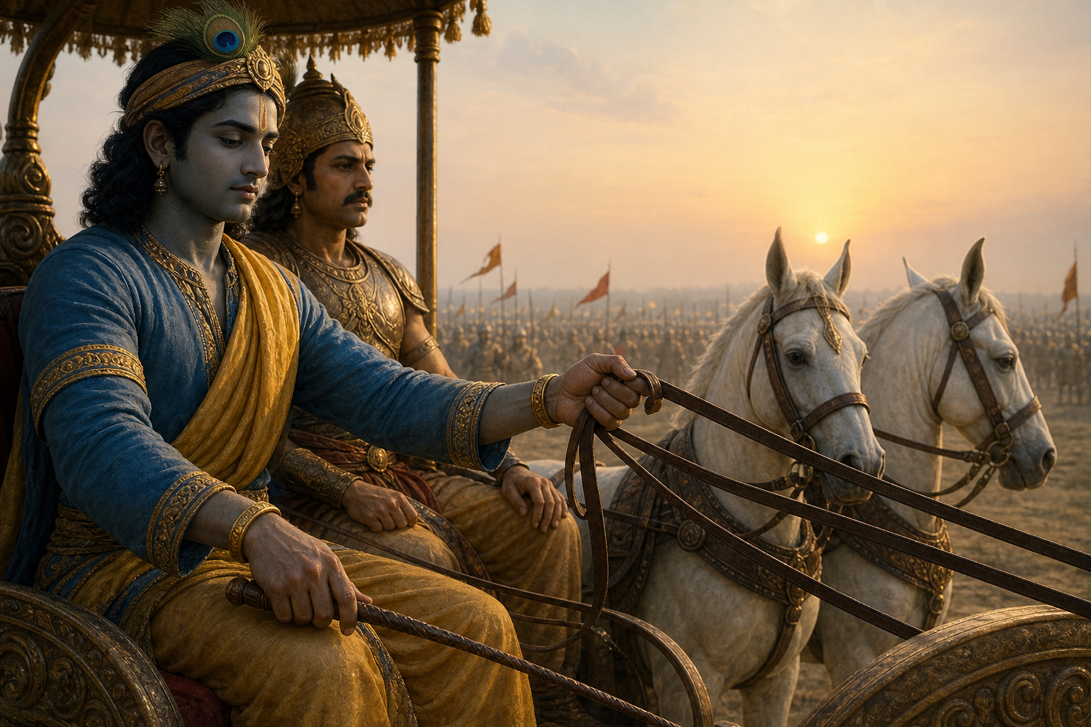 Krishna calmly holds the reins of Arjuna's chariot as alert horses wait at the edge of the battlefield.