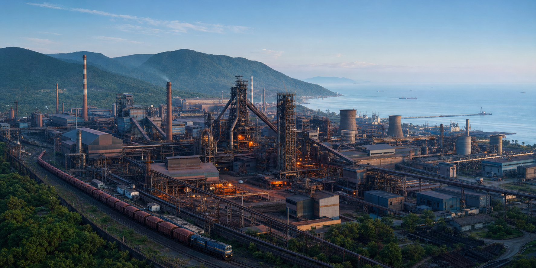 A large coastal steel plant with blast furnaces, rail sidings and an incoming iron ore train at dawn near green hills and the sea.