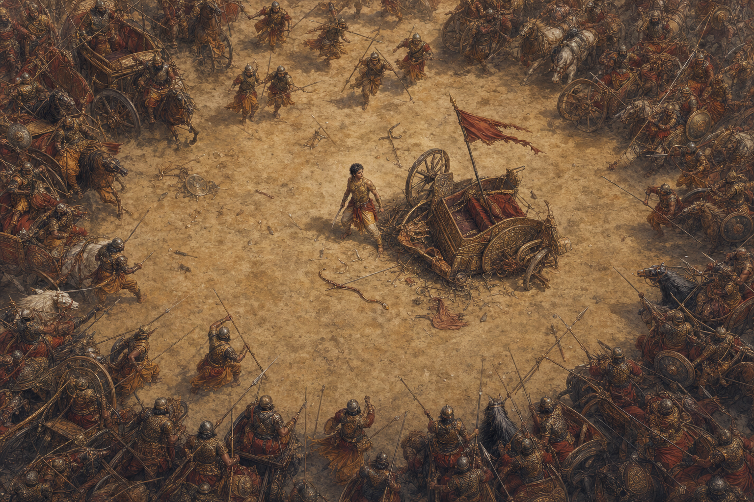 Abhimanyu stands beside a damaged chariot as armed warriors and overturned vehicles form a tightening circle around him.
