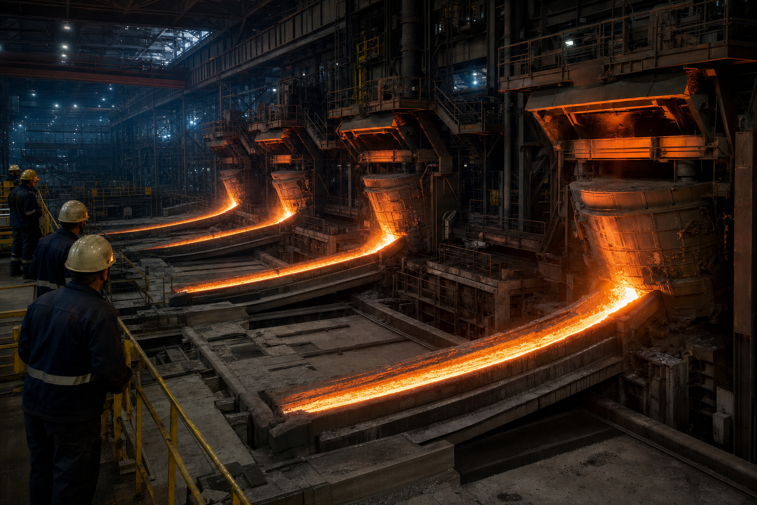 Workers monitor three active blast-furnace lines and glowing molten iron inside a steel plant.