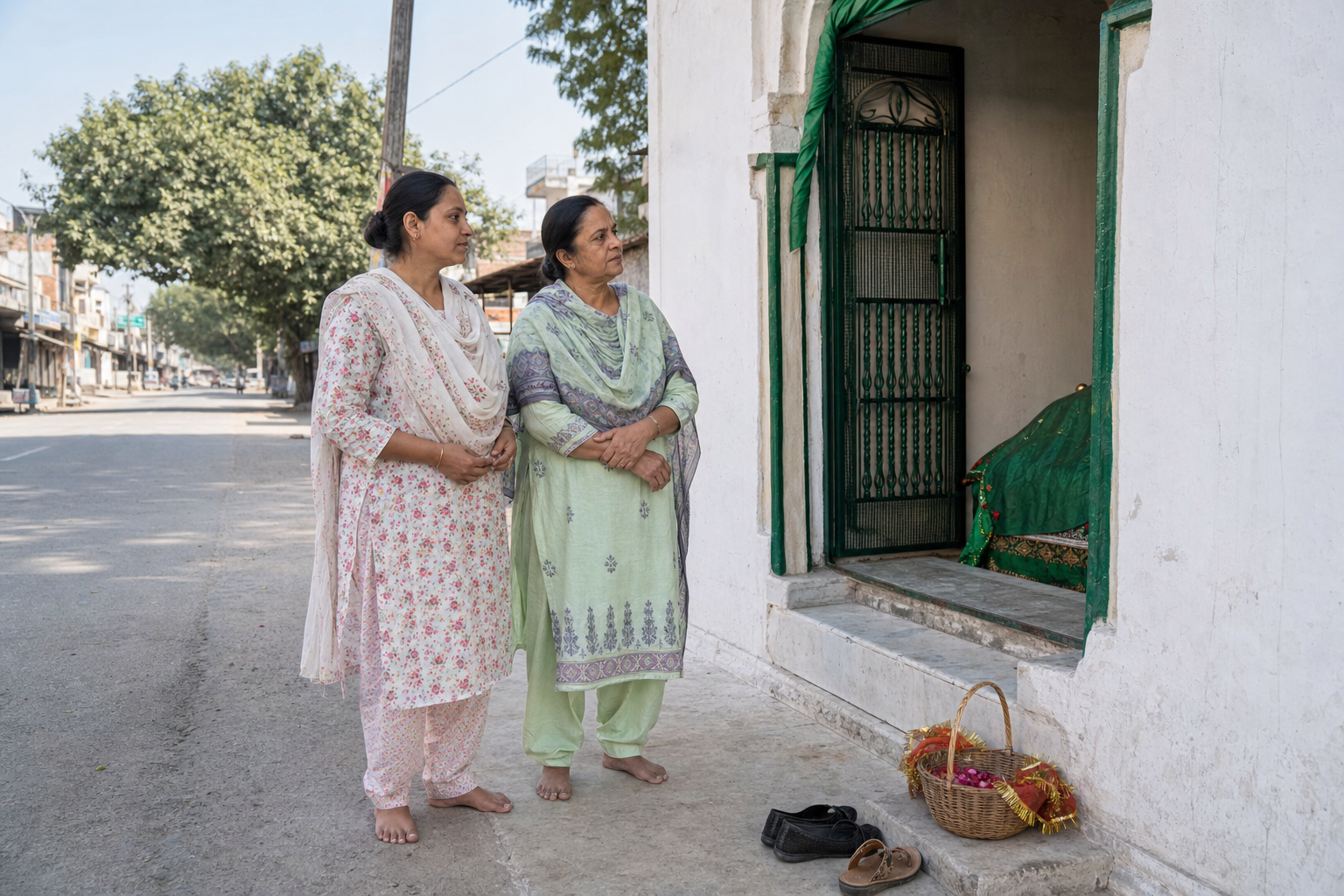 An adult woman and her mother pause together outside a small shrine in Uttar Pradesh, with an open path leading back to the road.