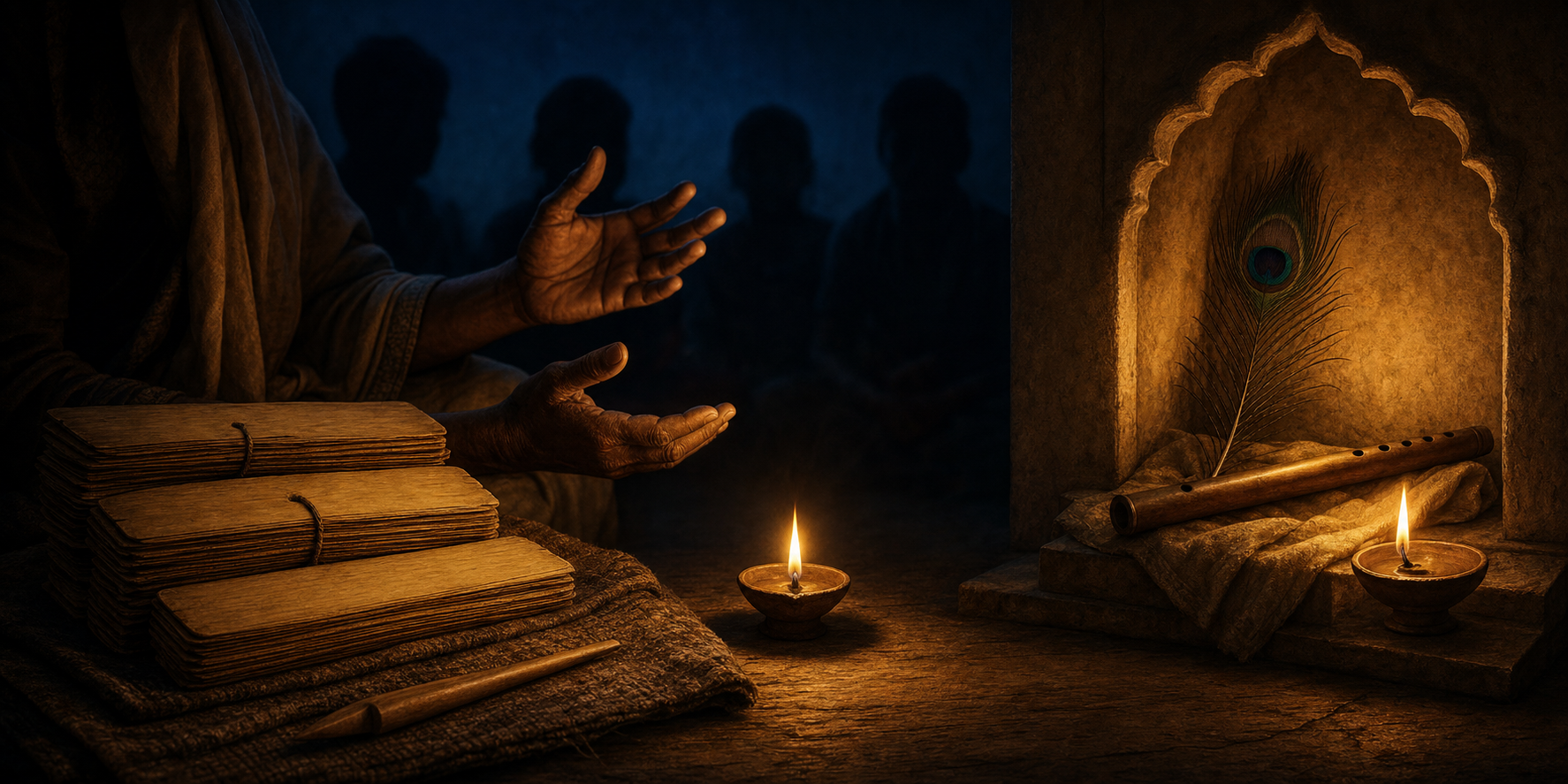 A palm-leaf manuscript, a lamplit storytelling scene, and a small devotional alcove occupy three separate parts of one composition.