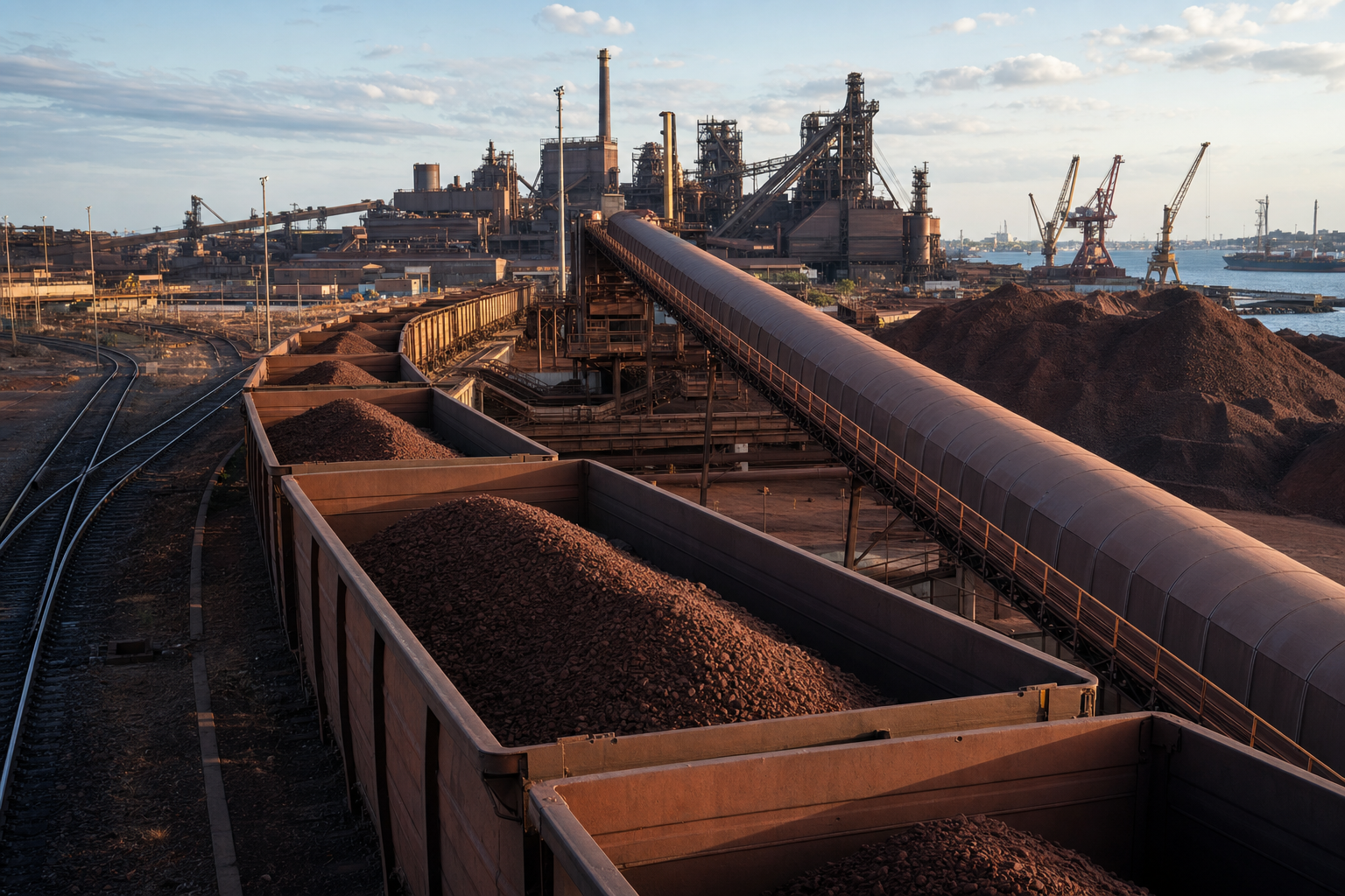 Iron ore freight wagons and a conveyor carry raw material toward a coastal steel plant.