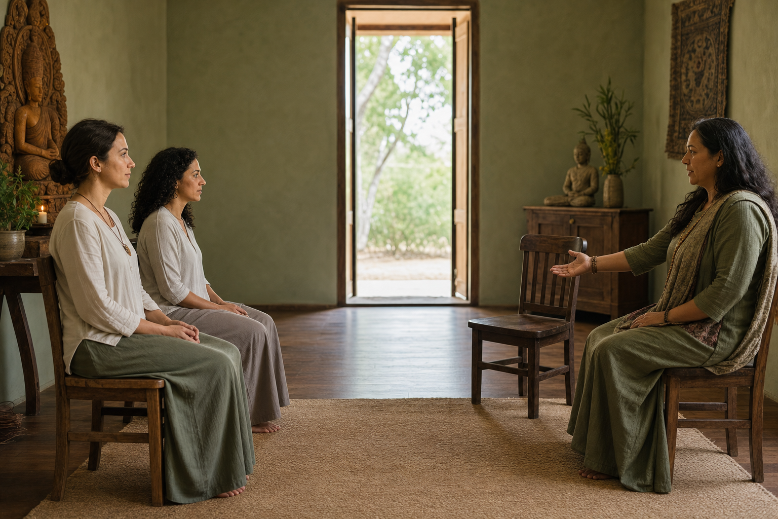 A woman keeps a trusted companion beside her during a shrine consultation while the caretaker remains at a respectful distance near an open doorway.