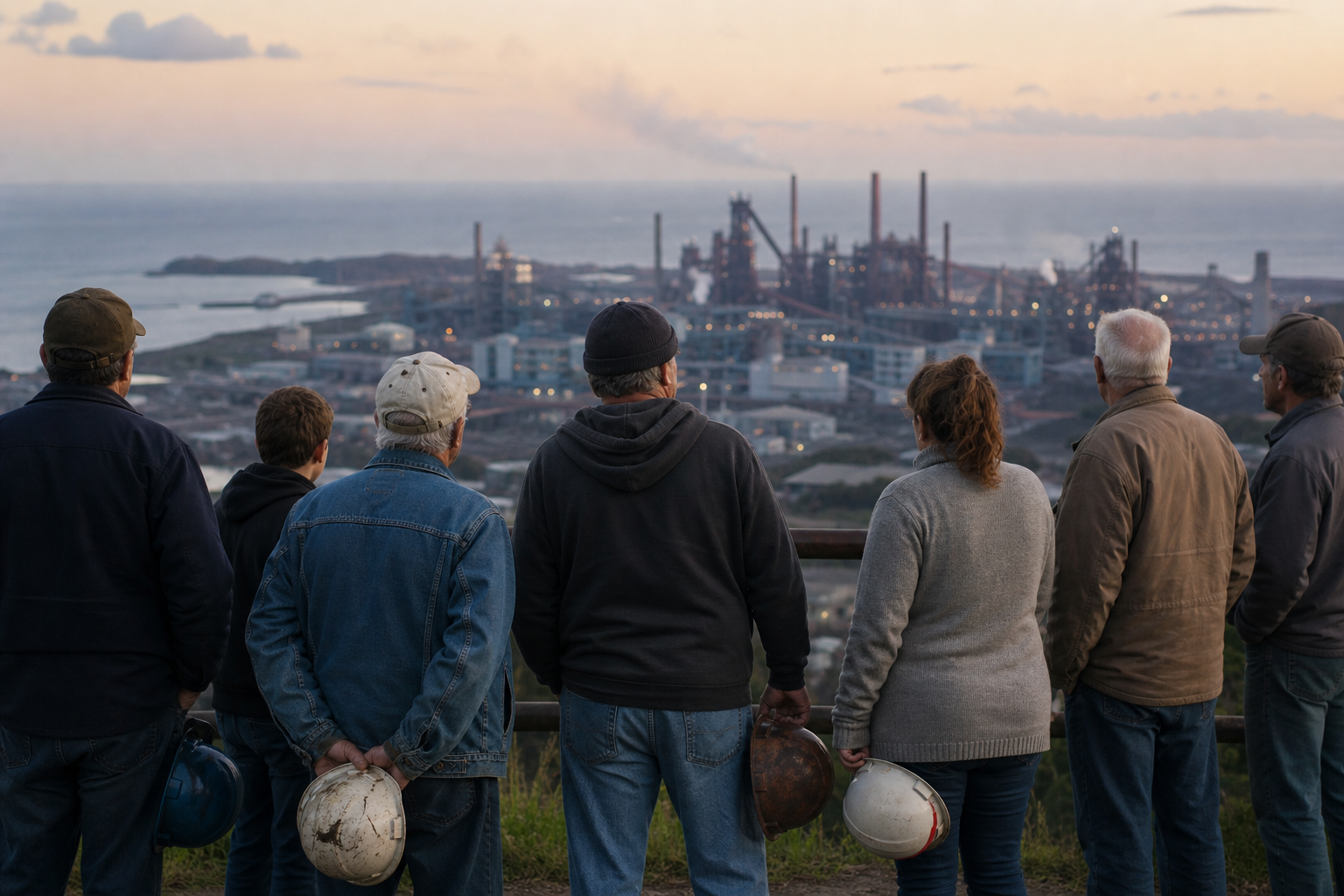 Retired steelworkers, employees and local residents look toward an operating coastal steel plant from a public overlook.