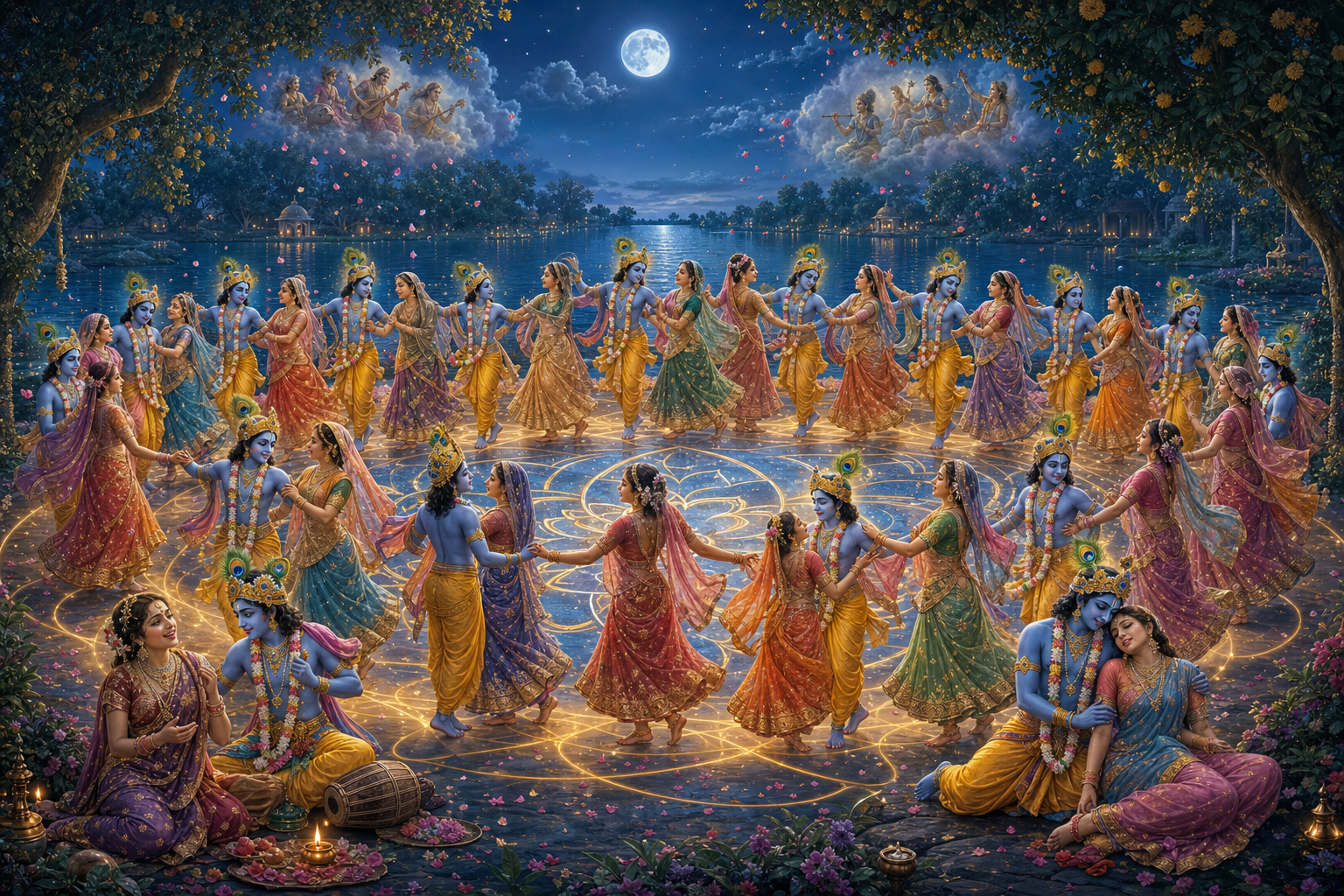 Krishna appearing among gopis in a moonlit Rasa dance beside the Yamuna River in Vrindavan.