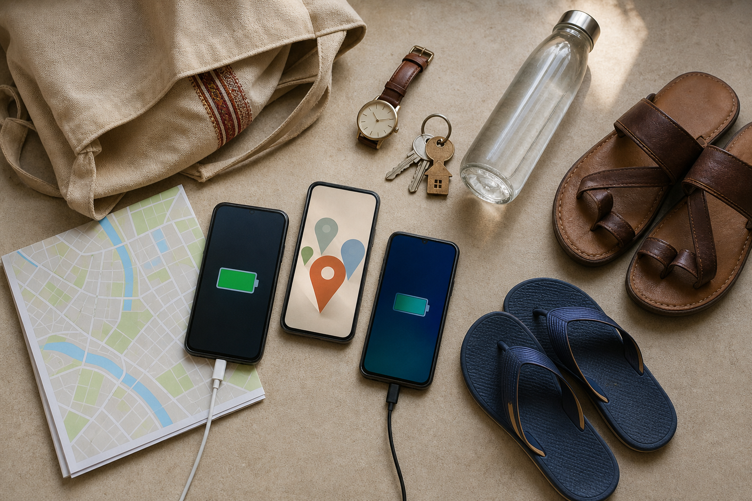 Two phones, keys, a watch, water, footwear, and an unlabeled map are arranged as practical items for a family visit safety plan.