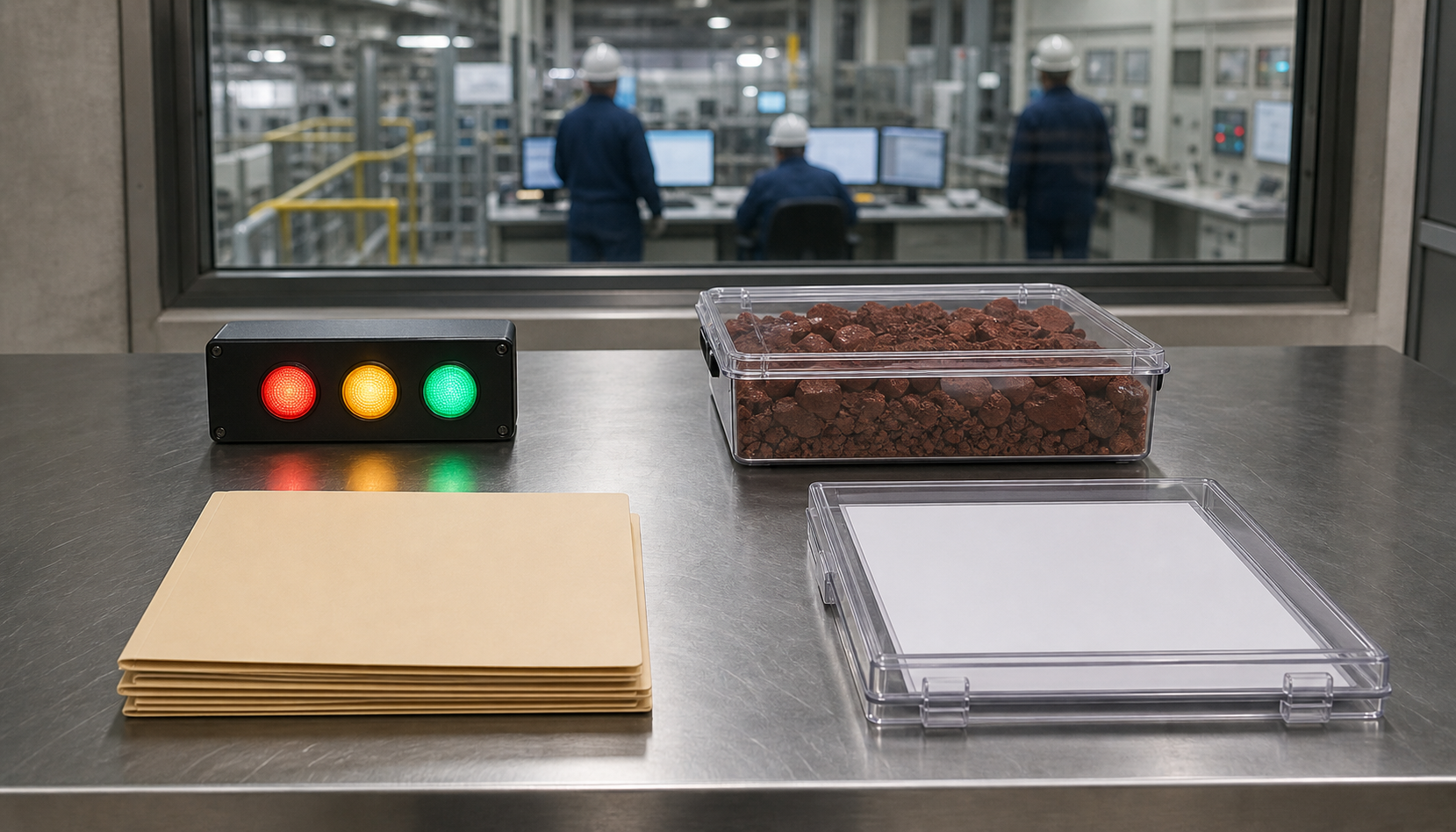 Four inspection items representing furnace activity, iron ore supply, financial discipline and ownership status sit on a steel table.