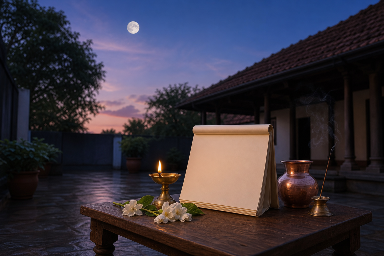 A brass lamp, flowers, copper vessel, and blank calendar folio in an Indian courtyard beneath a bright waxing moon at dawn.