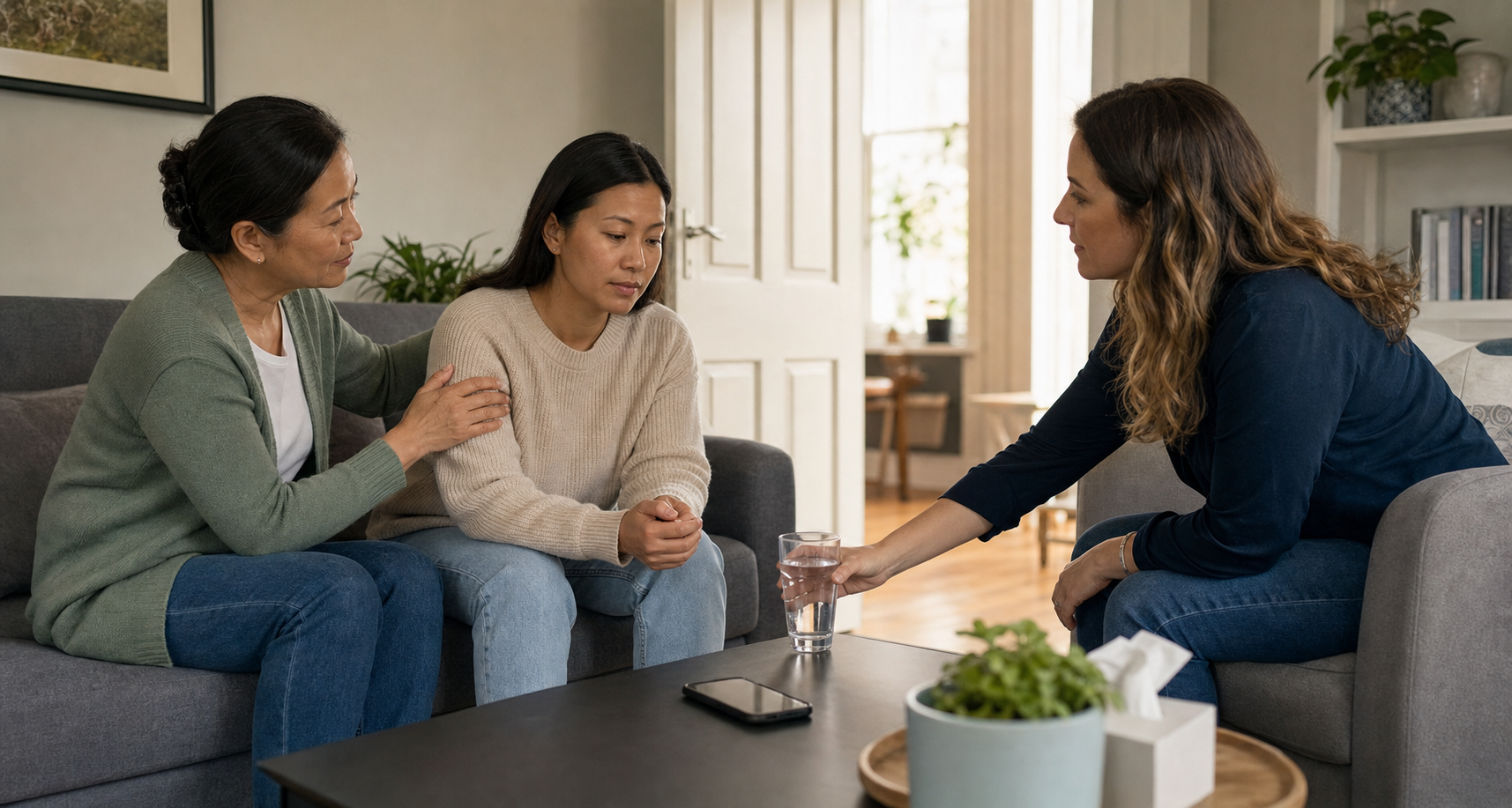 An adult woman sits safely with her mother and another trusted person after leaving a troubling situation, with a phone and water nearby.