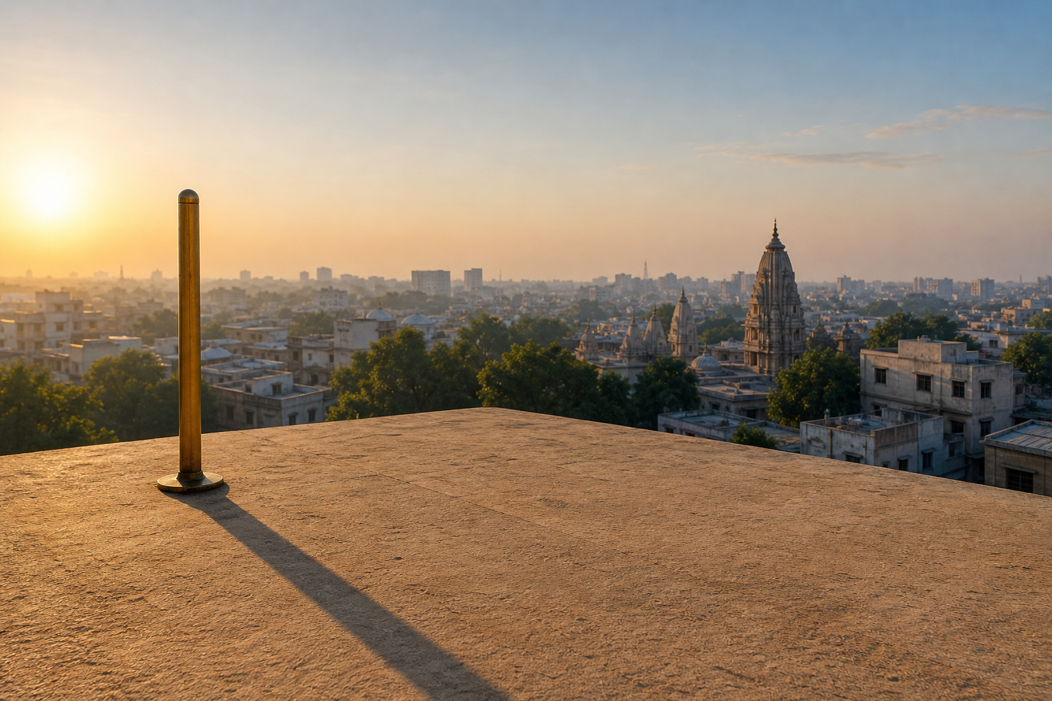 A brass gnomon casts a long sunrise shadow on a rooftop overlooking an Indian city.