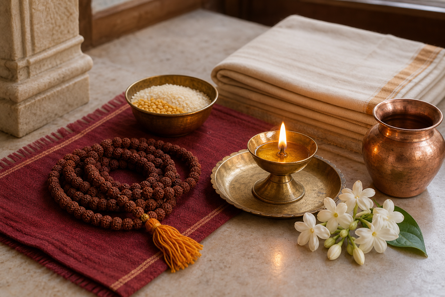 Prayer beads, a brass lamp, flowers, a copper vessel, and food prepared for donation on a simple home altar.
