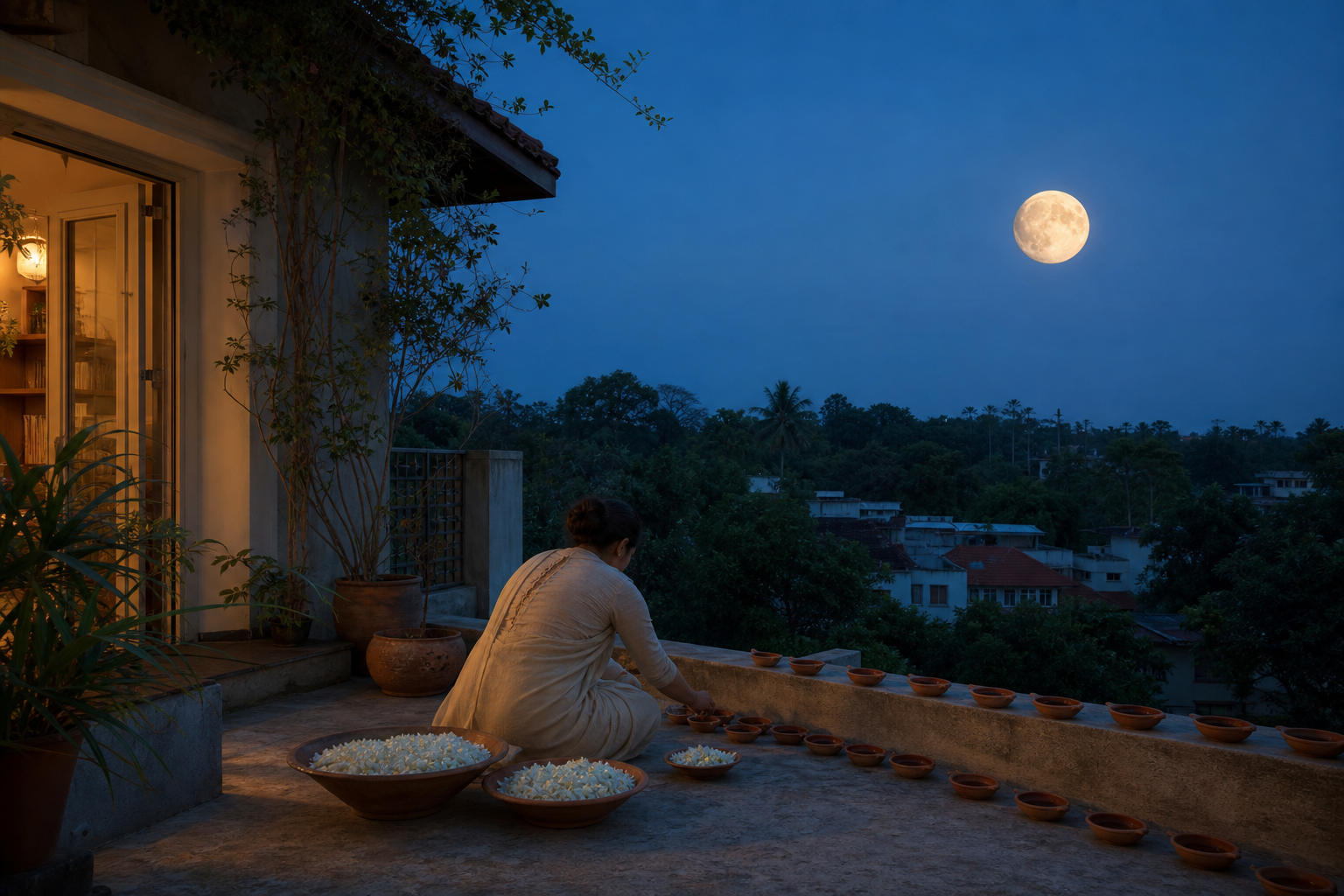 A person arranges clay lamps and white flowers on a terrace as a nearly full moon rises.