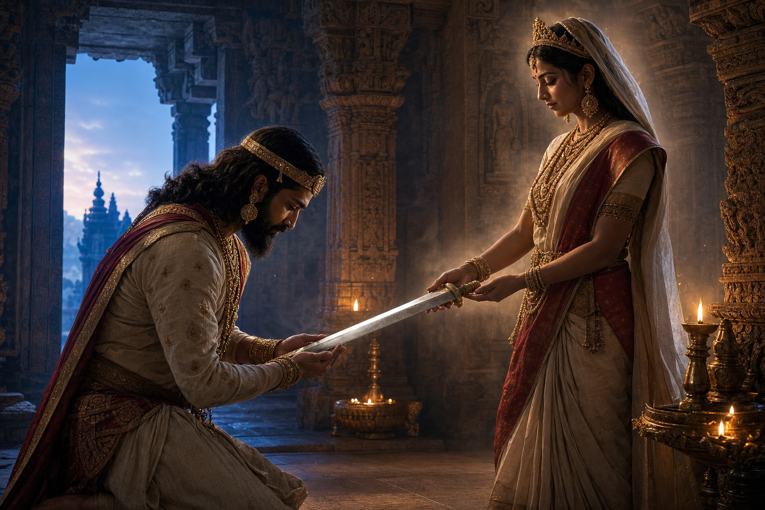A legendary Indian king bows inside a lamplit stone temple as a divine feminine figure presents him with a glowing straight sword.