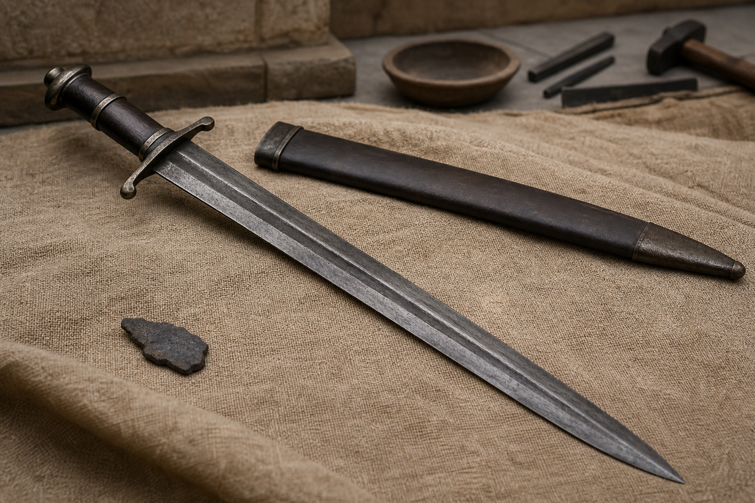 A reconstructed straight double-edged iron sword lies beside its scabbard and smithing tools on woven cloth.
