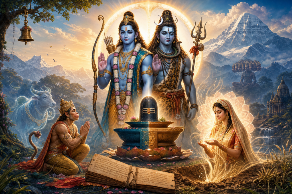 Cinematic illustration of Rama and Shiva sharing a golden halo above a Shiva linga, with Hanuman, luminous Sita, Nandi, Ravana, a manuscript, and Mount Kailash.
