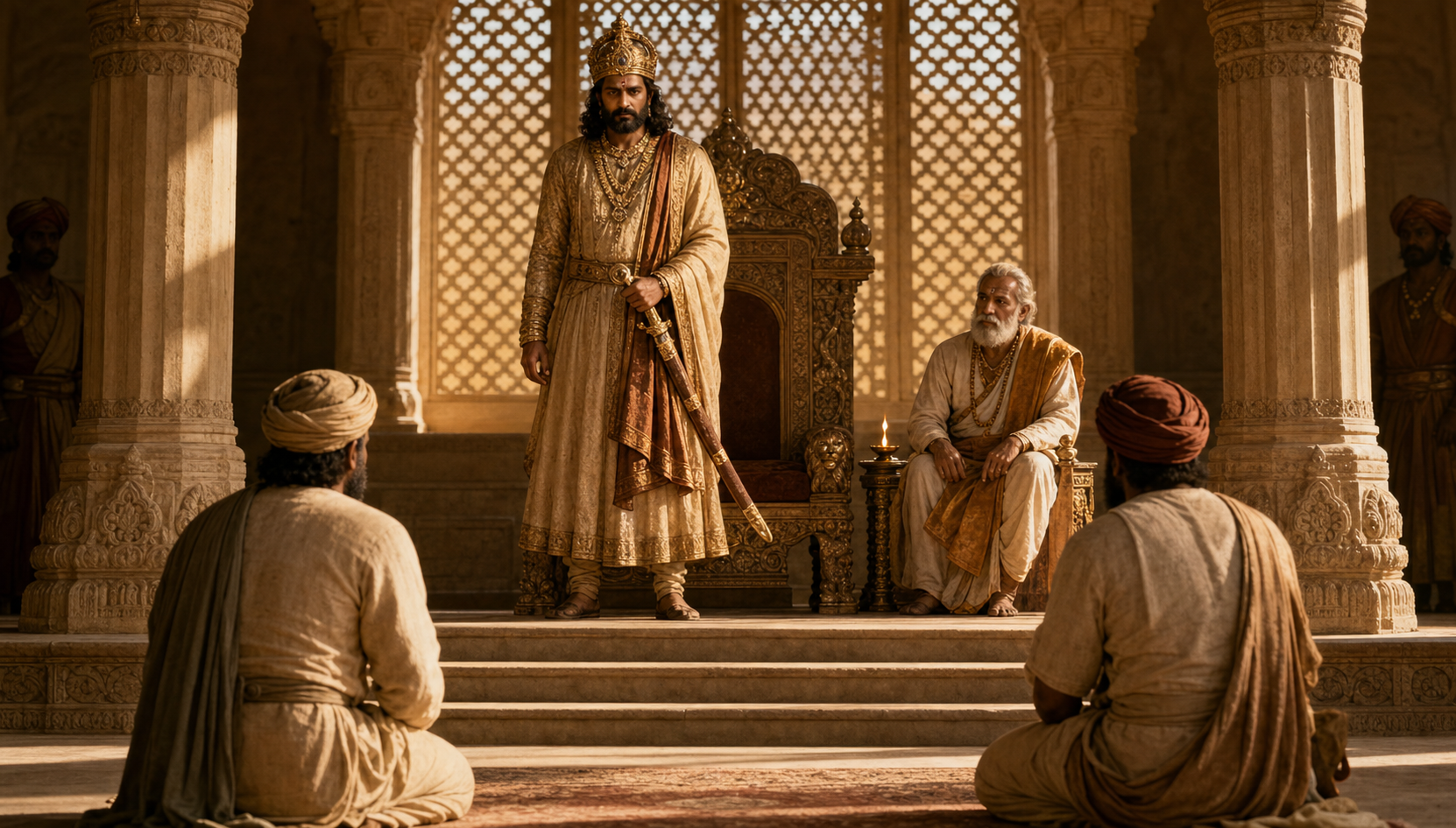 A king keeps his sword sheathed while listening to two petitioners in a stone royal court.