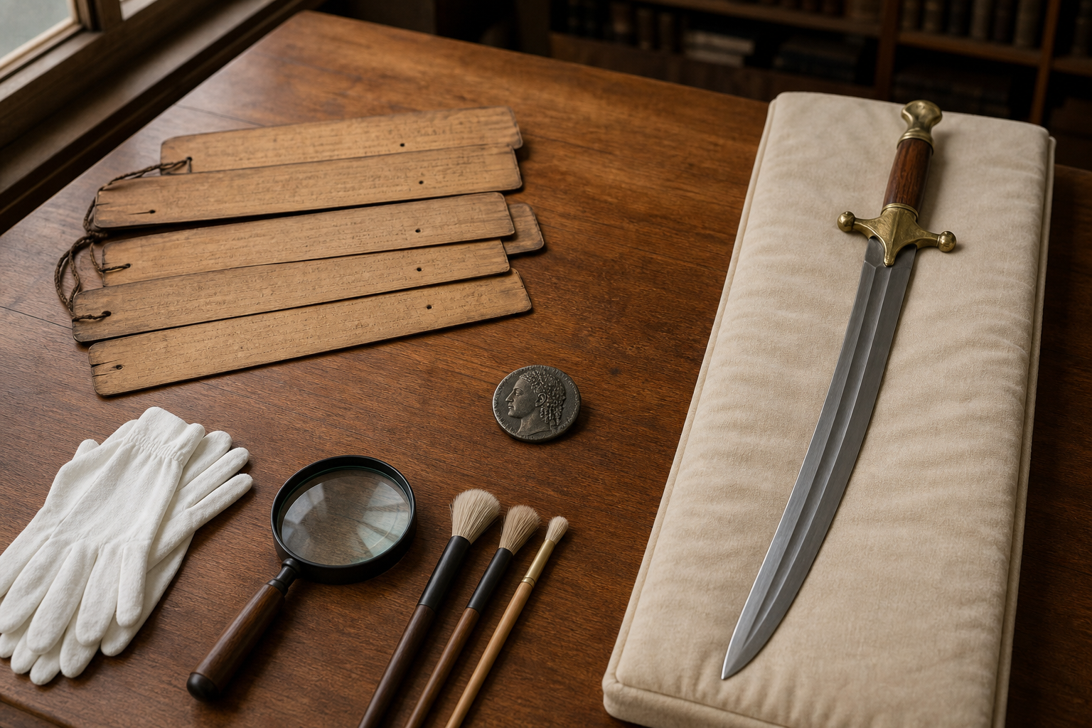 A research table holds an ancient coin, palm-leaf manuscript folios, and a reconstructed sword in separate study areas.