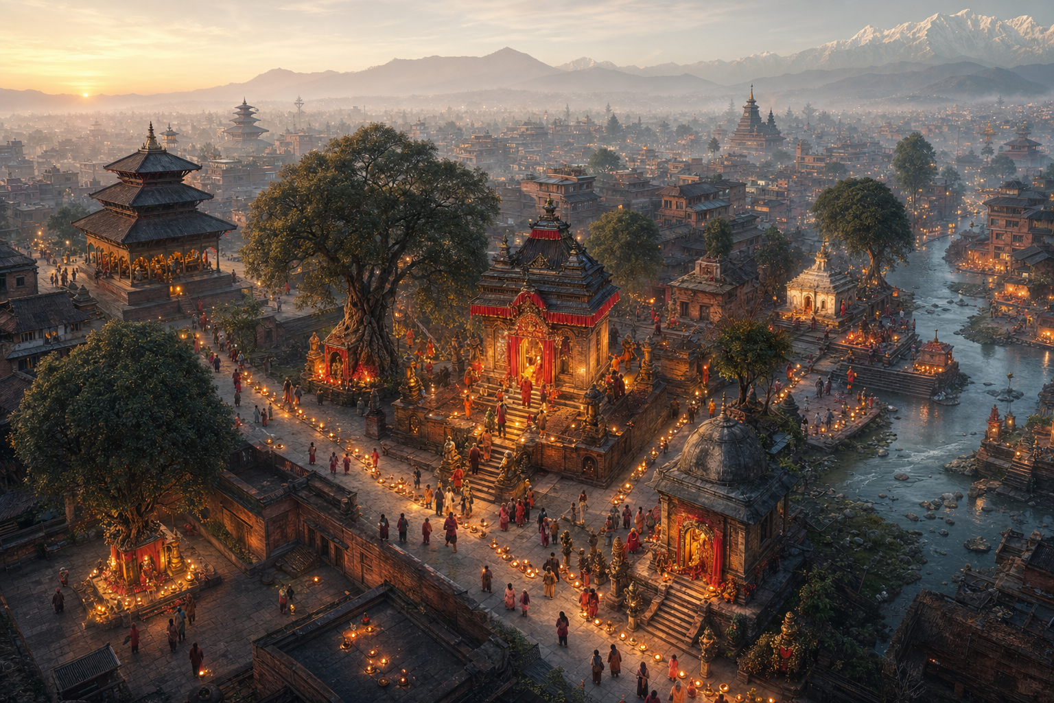 Aerial illustration of Kathmandu neighborhoods connected by footpaths, lamps, temple courtyards, tree shrines, and a riverside sacred precinct.
