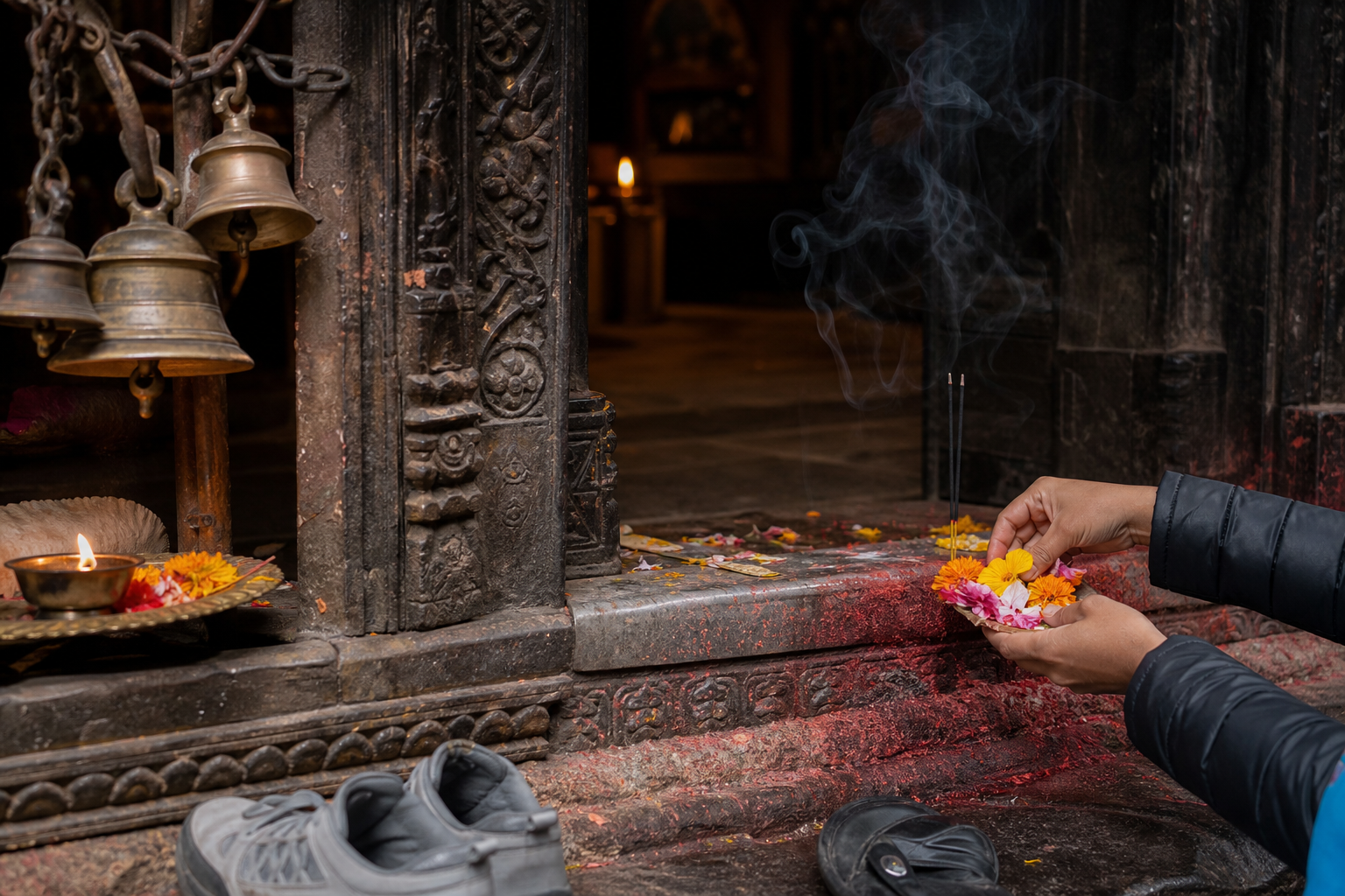 Temple entrance with shoes set aside, bells, an oil lamp, incense, flower petals, vermilion, and a worshipper preparing an offering.