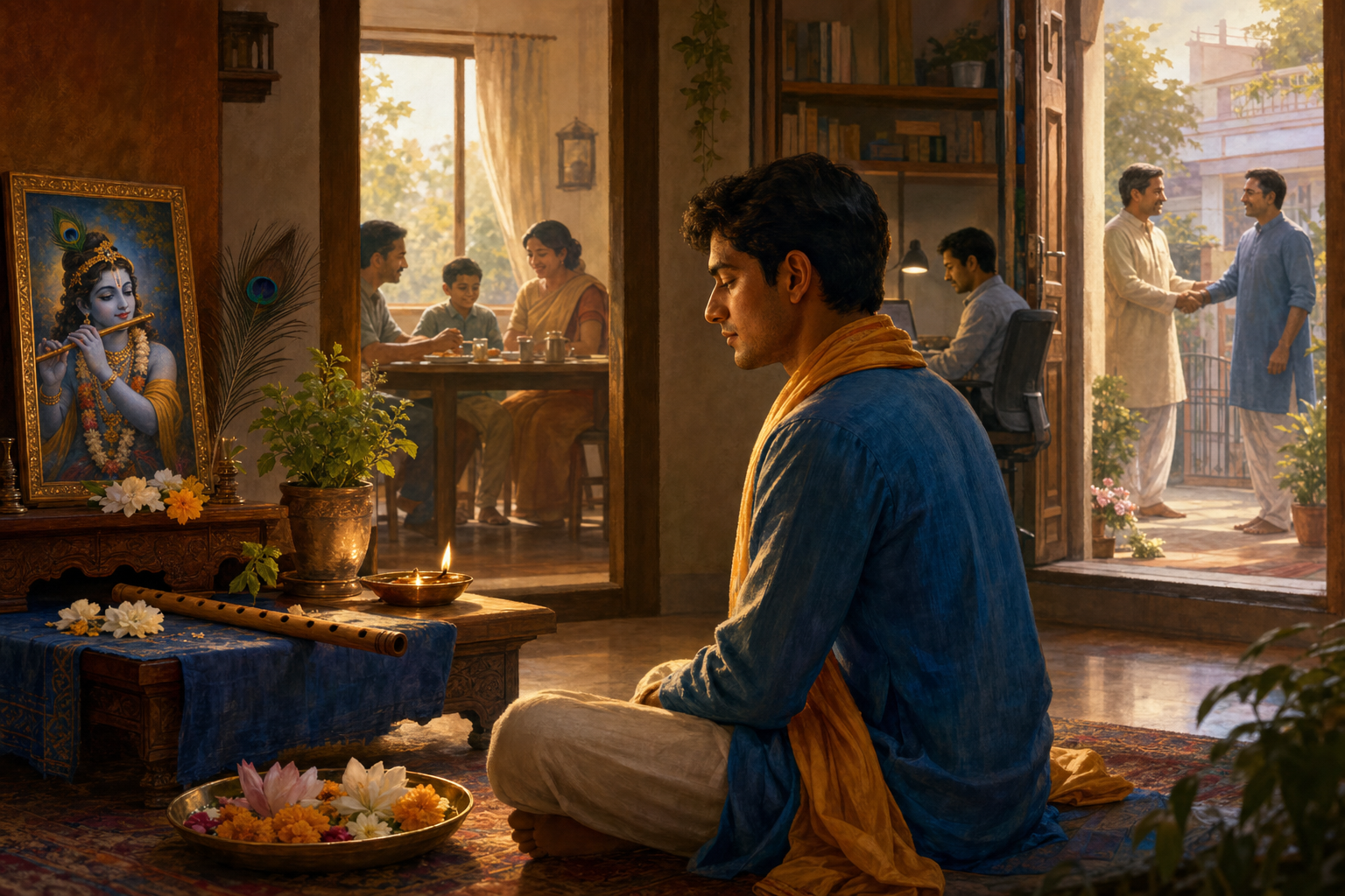 A devotee sits in morning prayer before a home altar with a flute, peacock feather, tulsi leaves, flowers, and an oil lamp, while scenes of daily life appear beyond the doorway.