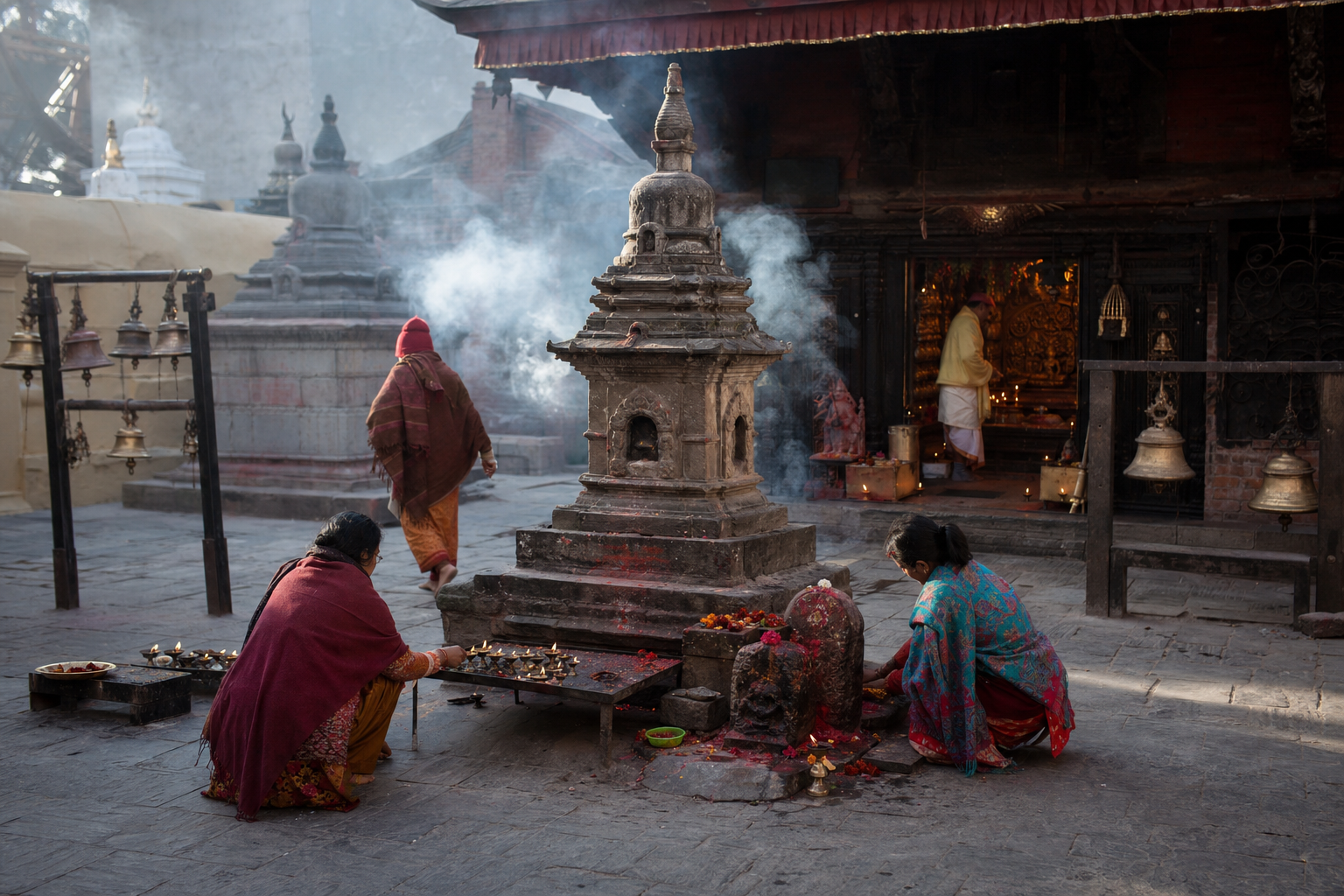 Devotees circle a Kathmandu shrine, light oil lamps, and place flowers and vermilion during morning worship.