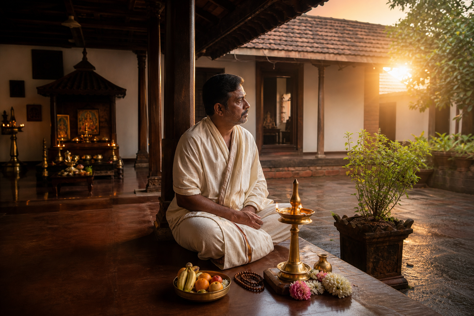 A Kerala householder sits beside a brass oil lamp and simple offerings in a sunlit traditional courtyard, with another ritual space visible in the background.