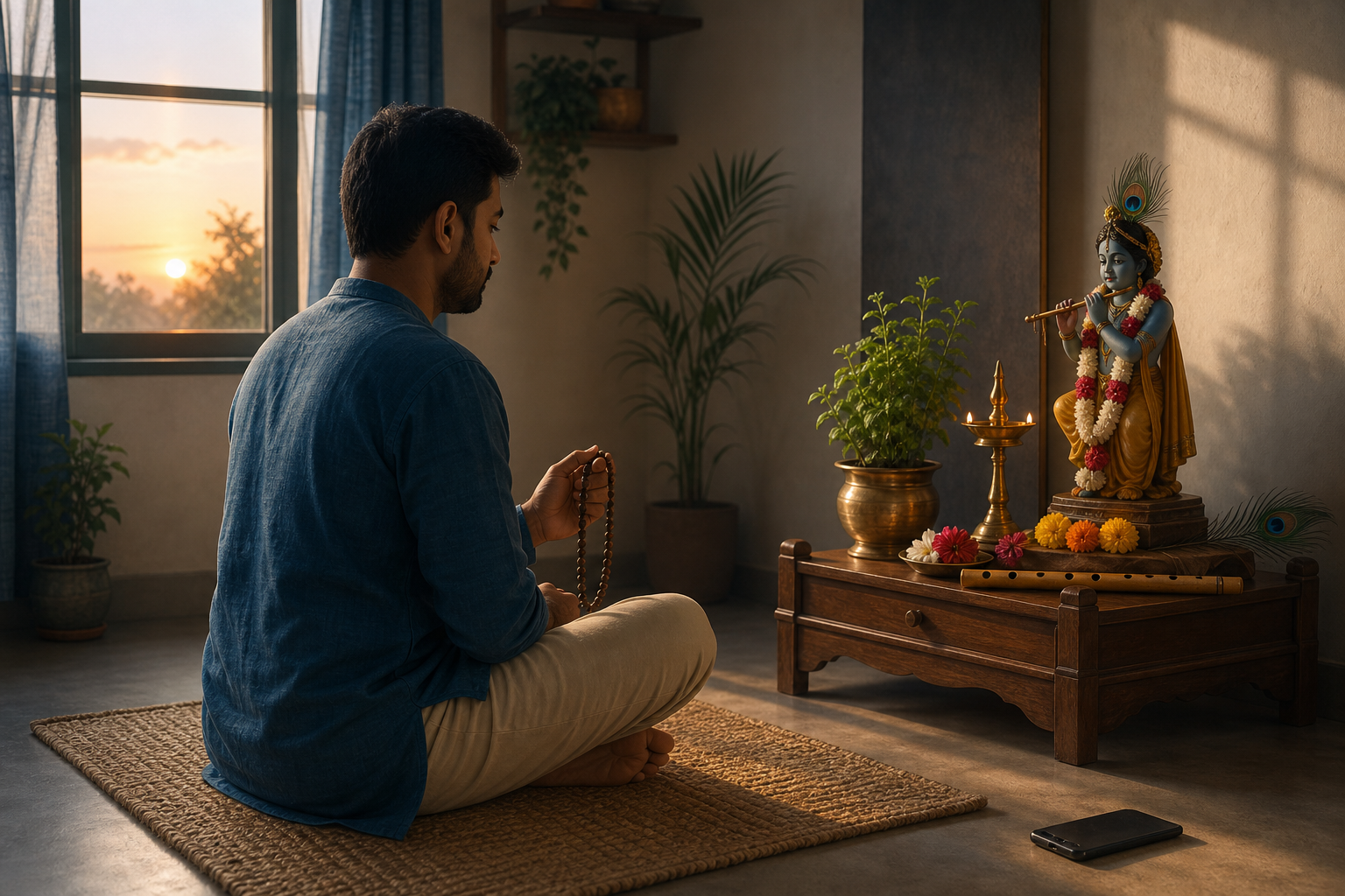 A person meditates with wooden prayer beads beside a small Krishna shrine as morning sunlight enters a quiet room.