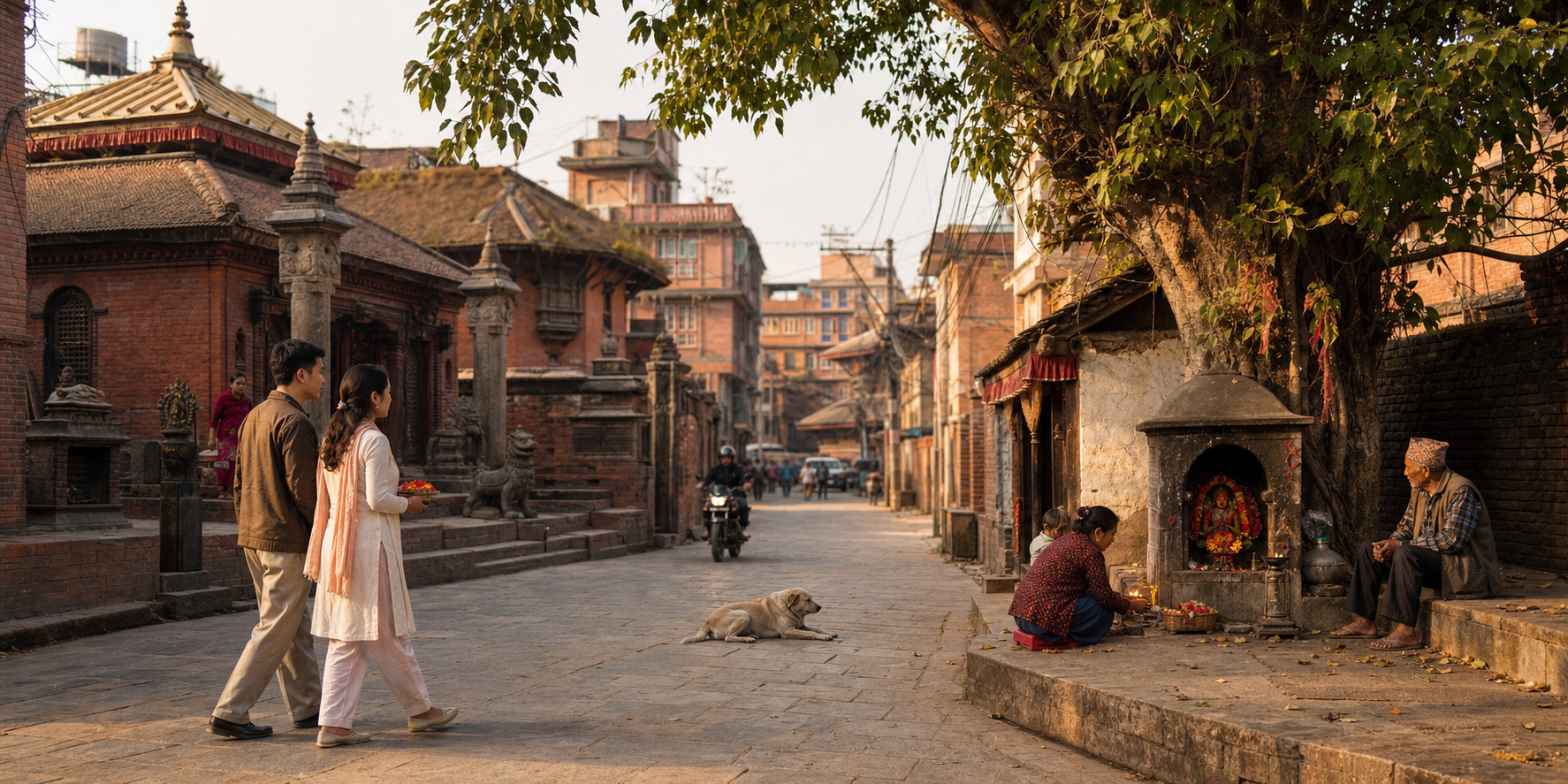 Two visitors carrying flowers walk from a temple courtyard toward a small goddess shrine beneath a tree in a Kathmandu neighborhood.