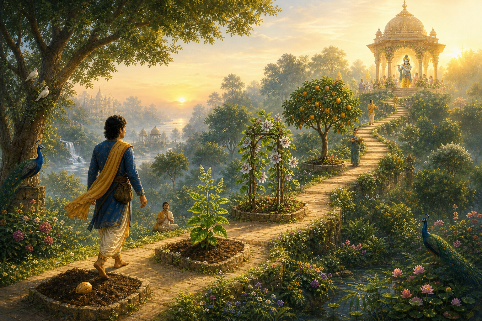 A traveler follows an ascending garden path marked by a seed, a tulsi sprout, flowers, and a fruit-bearing tree toward a distant temple pavilion.