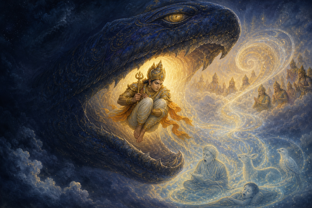 Indra curls within Vritra’s glowing jaws as celestial figures summon a spiral of luminous breath in the stormy heavens.