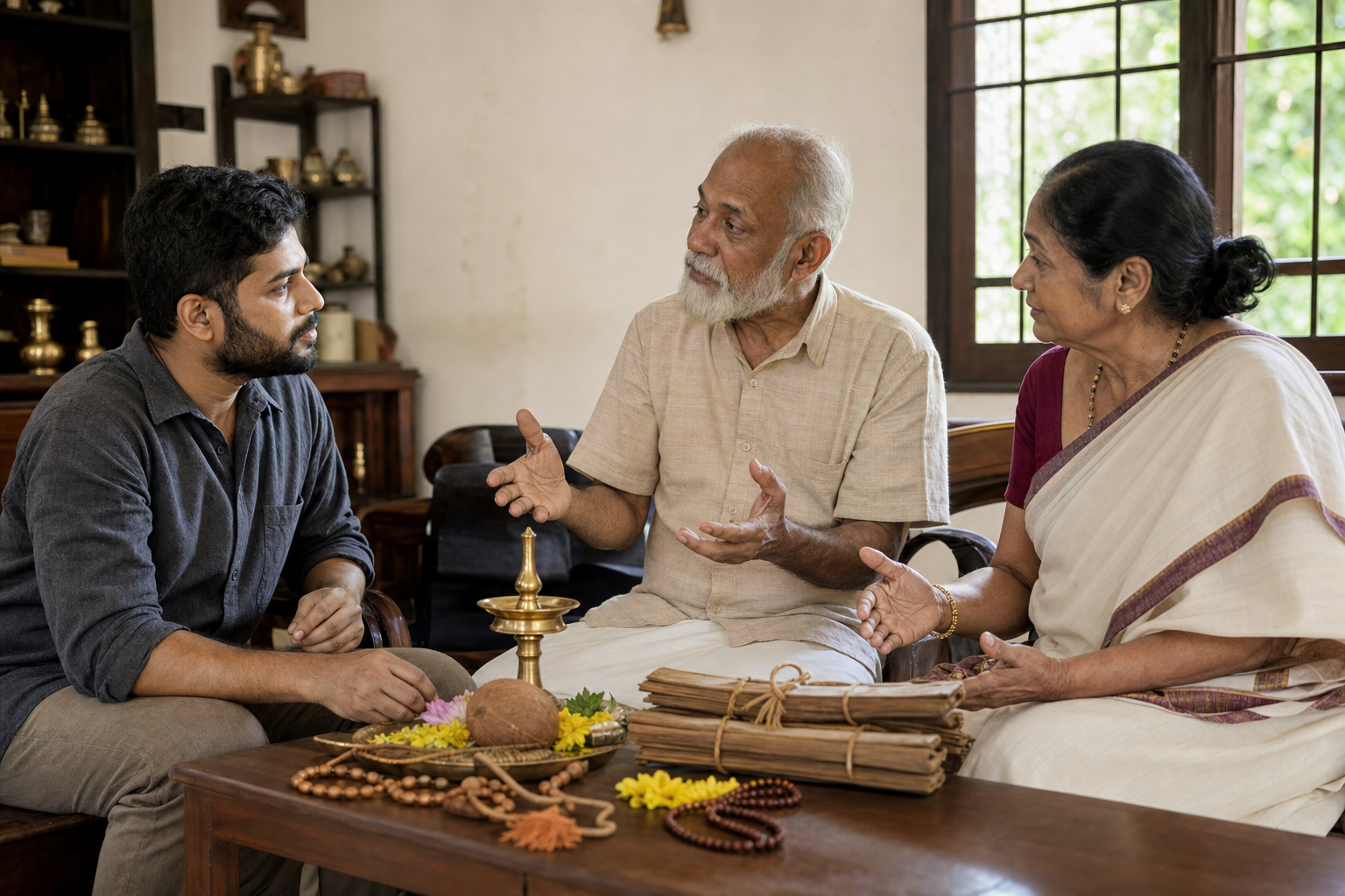 A younger adult speaks with two elders around a table holding brass lamps, flowers, coconut, prayer beads, and covered palm-leaf bundles.
