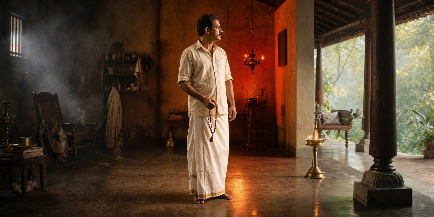 A householder stands between a dim smoky room, an intensely lit space, and a calm sunlit veranda with a steady brass lamp.