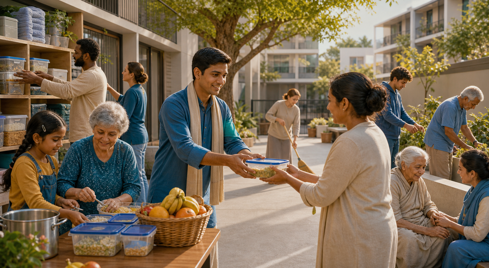 Neighbors of different ages cooperate in a courtyard to distribute meals, organize supplies, and assist an elderly resident.