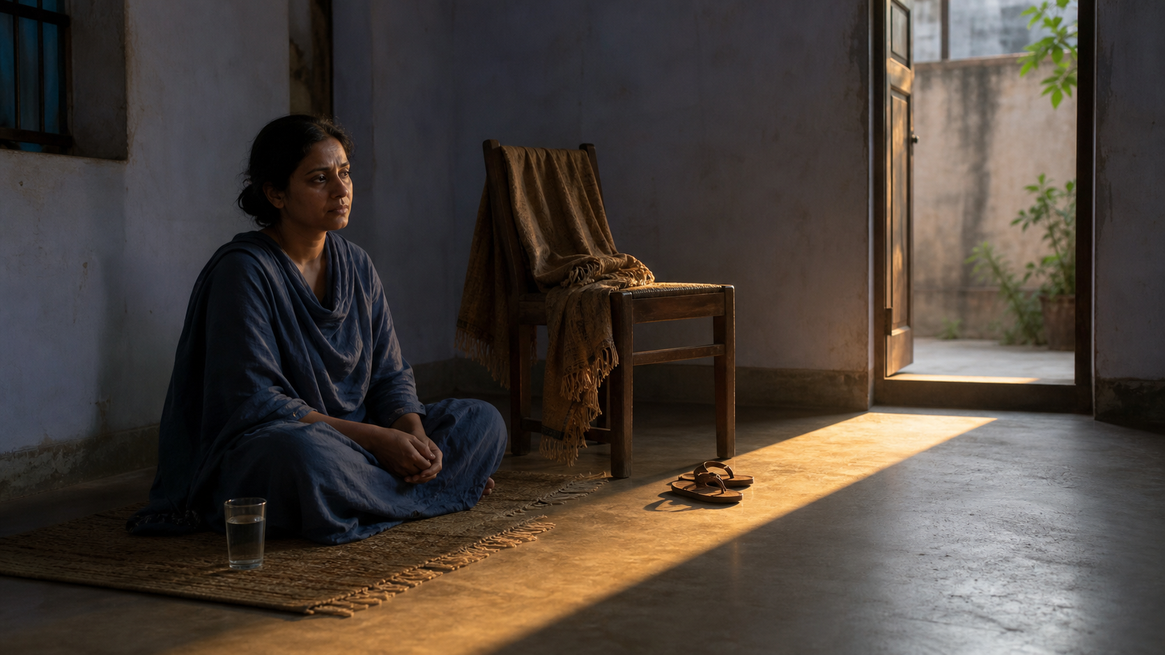 A grieving adult sits on a woven rug beside an empty chair with a shawl as morning light enters a quiet room.