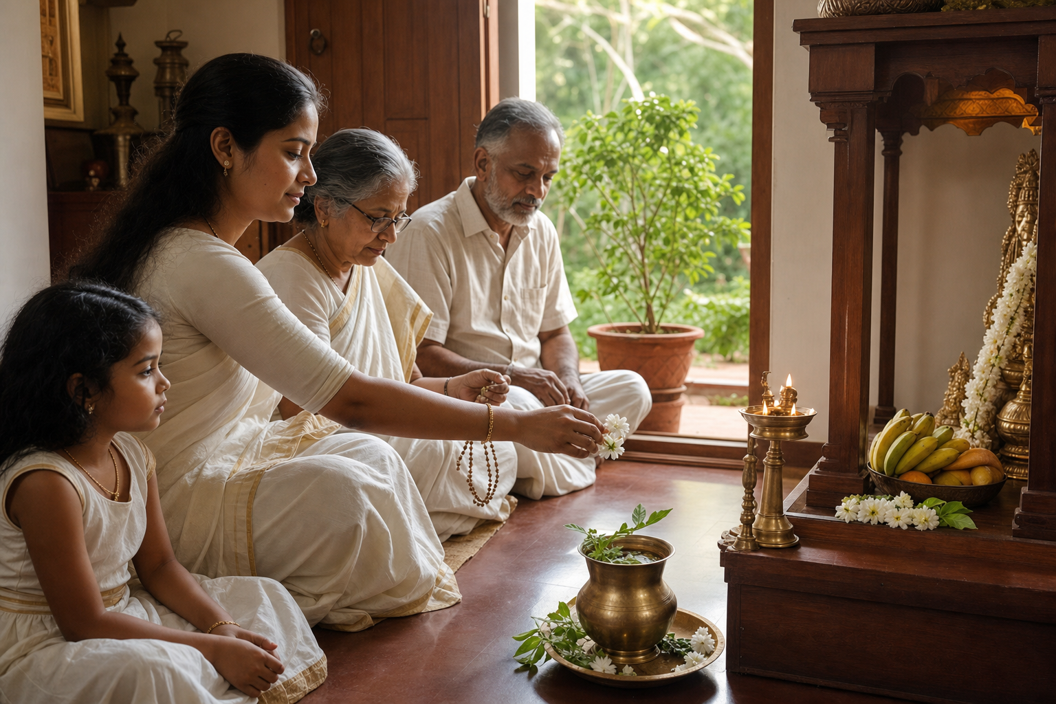 A Kerala family gathers for a simple morning practice with a brass lamp, white flowers, fruit, water, prayer beads, and a tulsi plant.